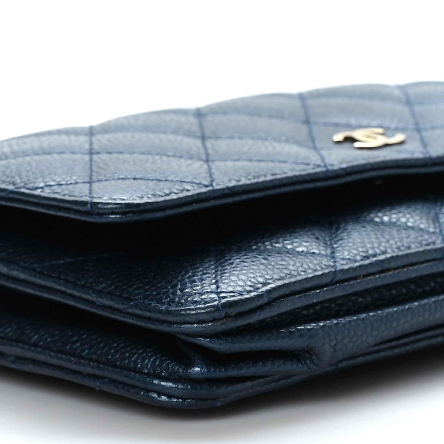 Iridescent Caviar Quilted Wallet on Chain WOC Blue