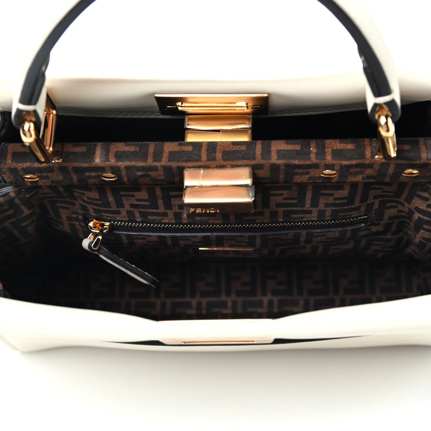 Vitello Seta Suede FF Mini Peekaboo Iconic Satchel Uovo Sigaro Marrone