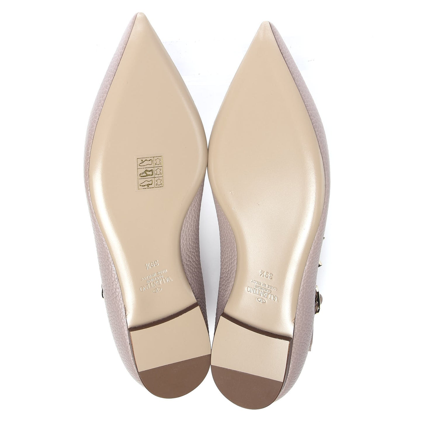 Pebbled Calfskin Rockstud Ankle Strap Ballerina Flats 39.5 Poudre