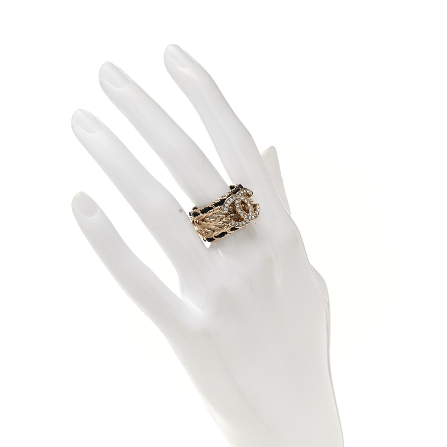 Chanel Metal Crystal Lambskin CC Ring 54 7 Gold Black 2 of 4