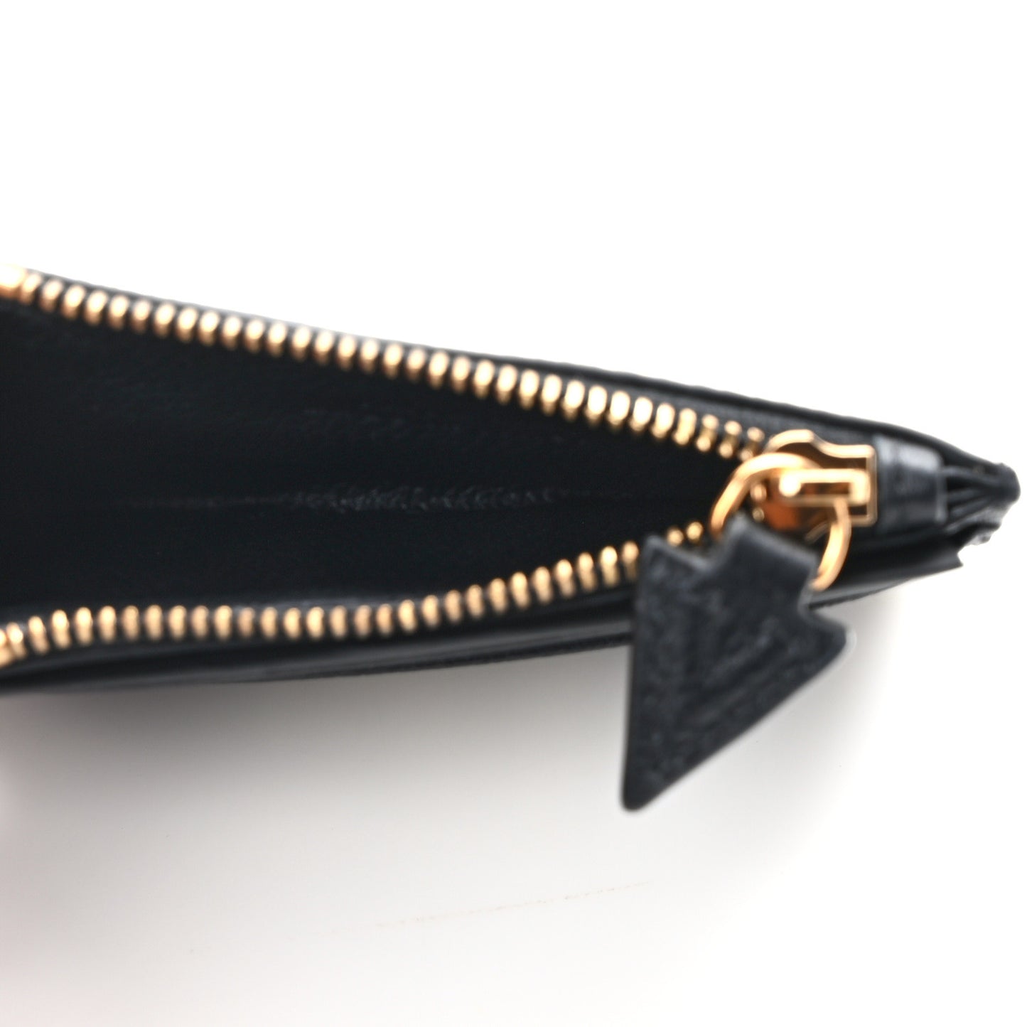 Grained Calfskin Ribbon Greca Zip Card Holder Wallet Black Gold