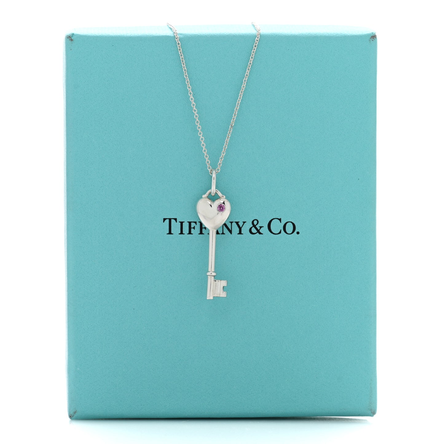 Sterling Silver Pink Sapphire Heart Key Pendant Necklace
