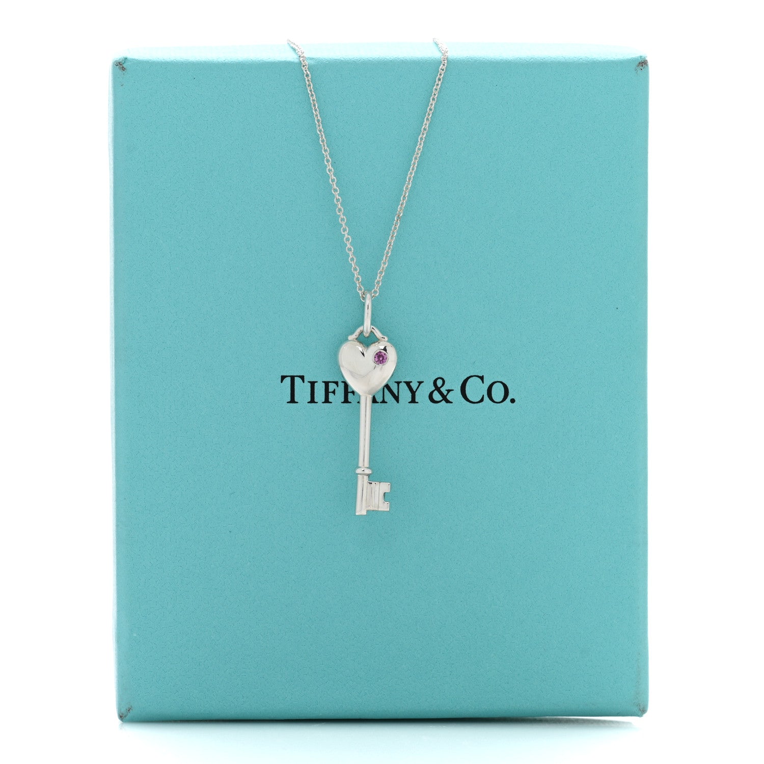 Tiffany Sterling Silver Pink Sapphire Heart Key Pendant Necklace 5 of 5