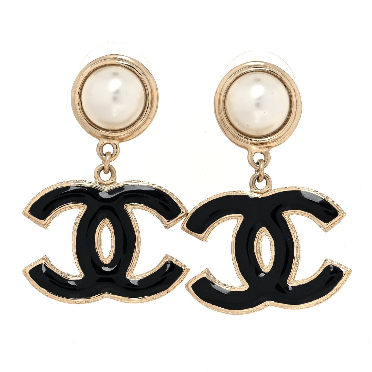 Chanel Pearl Enamel CC Drop Earrings Black 1 of 5