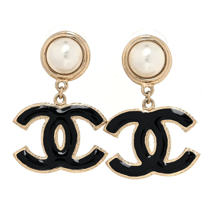 Chanel Pearl Enamel CC Drop Earrings Black 1 of 5