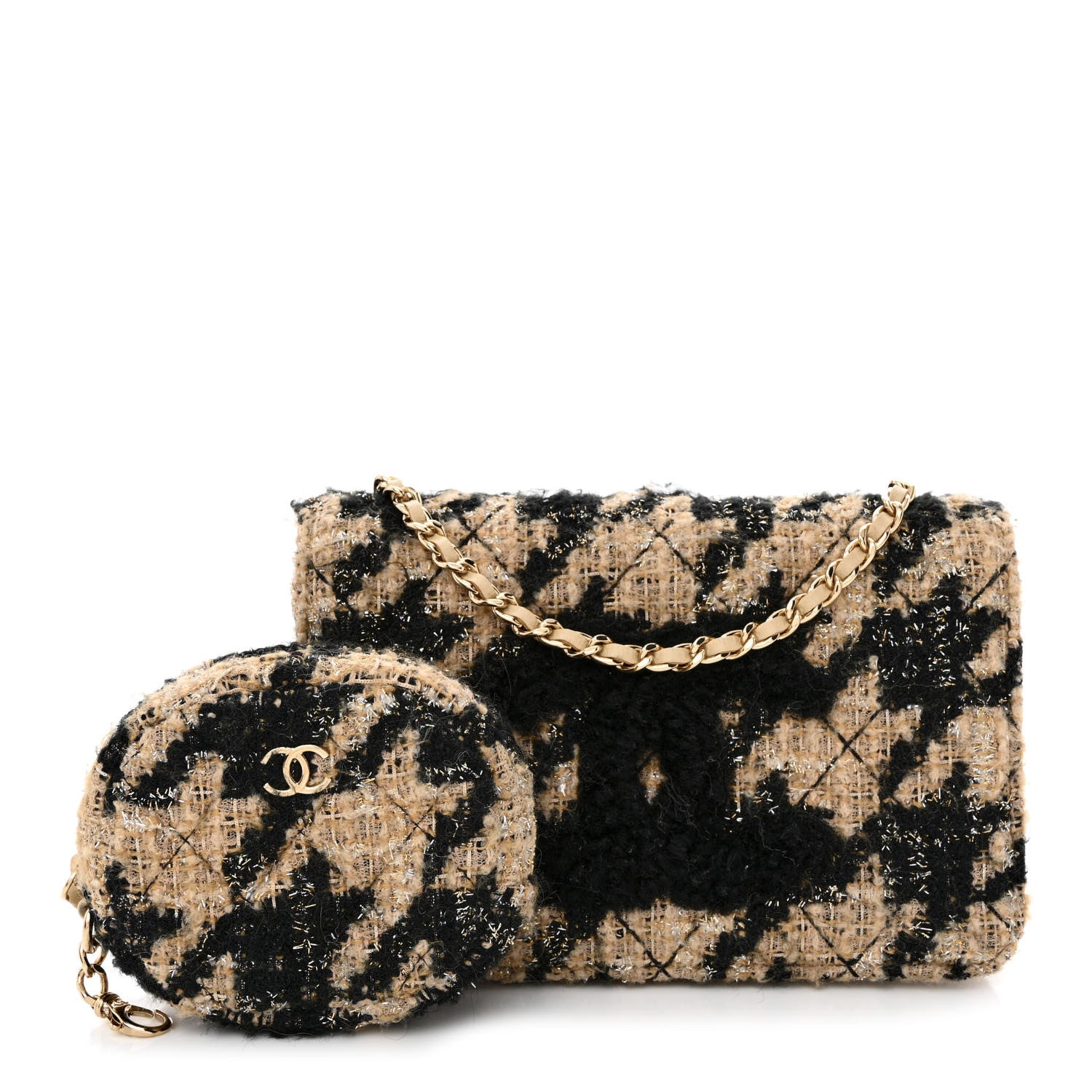 Chanel Tweed Shearling Quilted Chanel Wallet On Chain WOC and Coin Purse Beige Black 1 of 14