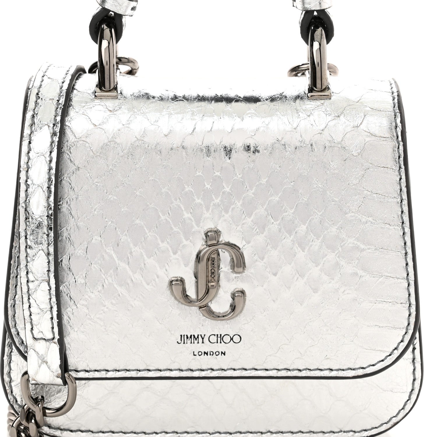 Jimmy Choo Metallic Calfskin Snakeskin Embossed Varenne Top Handle Satchel Silver 8 of 10
