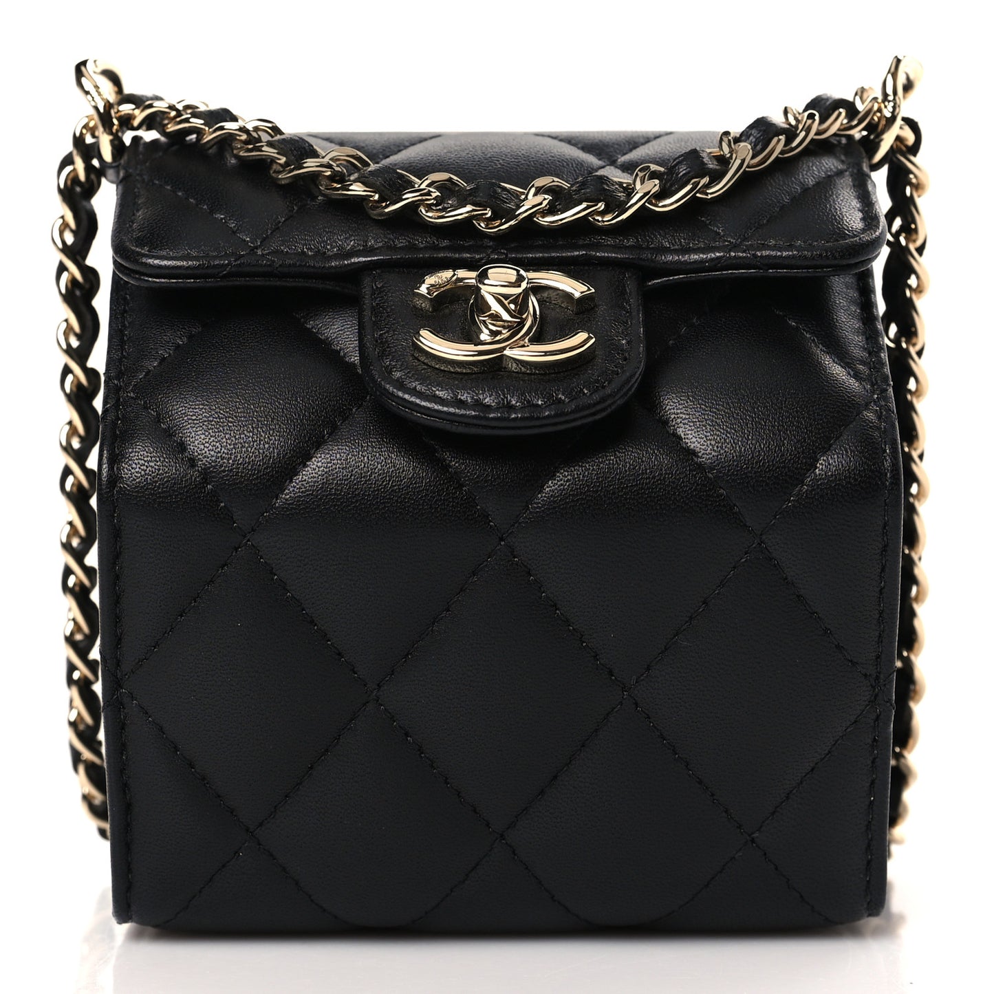 Lambskin Quilted Foldable Jewelry Box With Chain Black