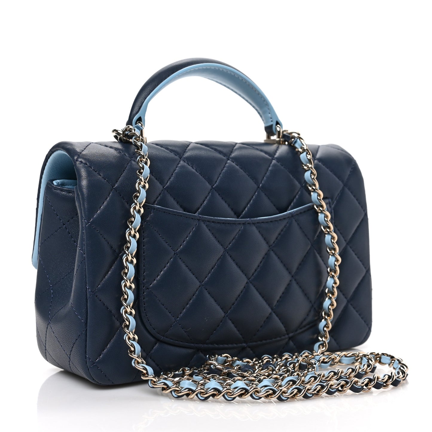 Lambskin Quilted Bi-Color Mini Top Handle Rectangular Flap Navy Blue Light Blue