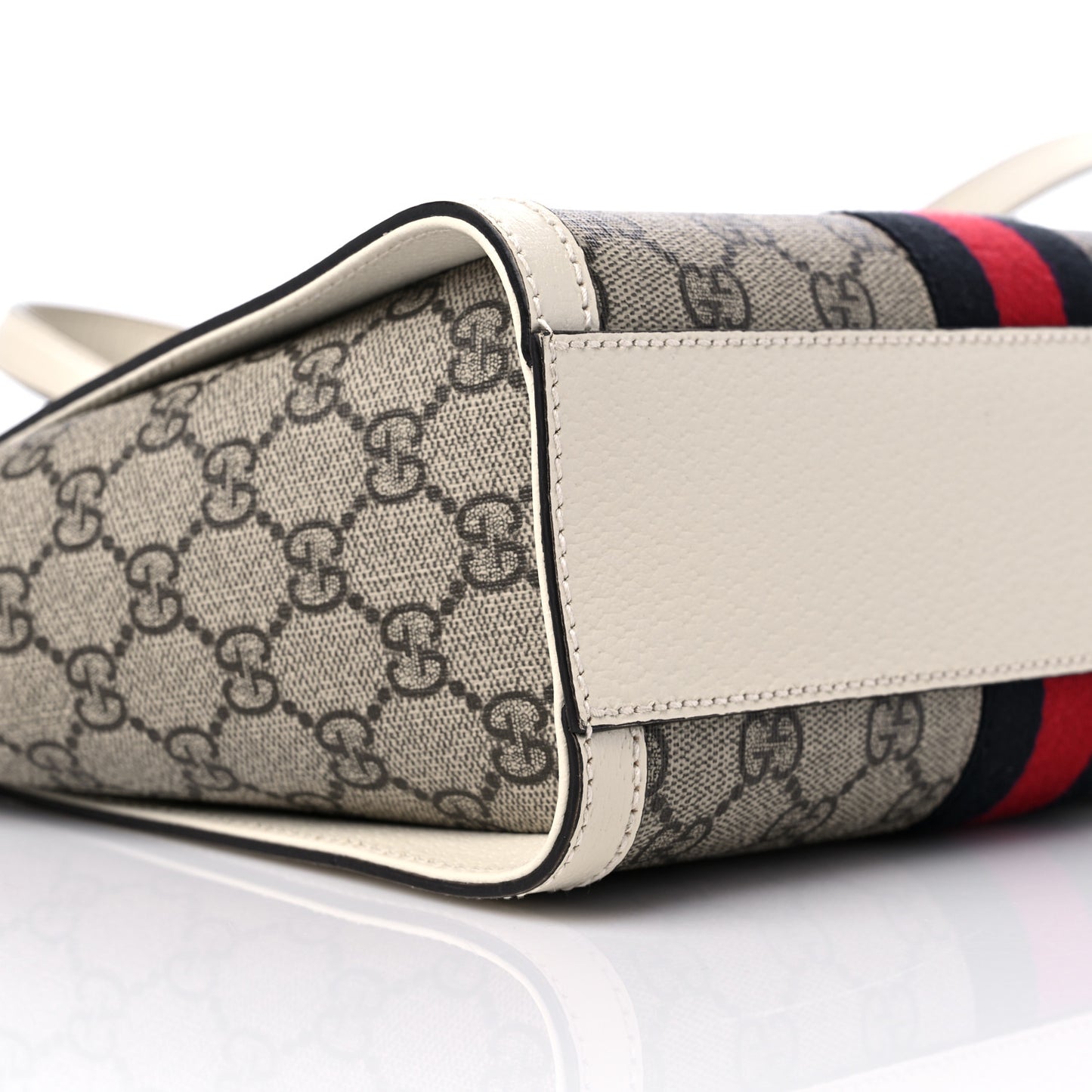 GG Supreme Monogram Textured Dollar Calfskin Web Small Ophidia Tote Bag Beige Ebony Mystic White