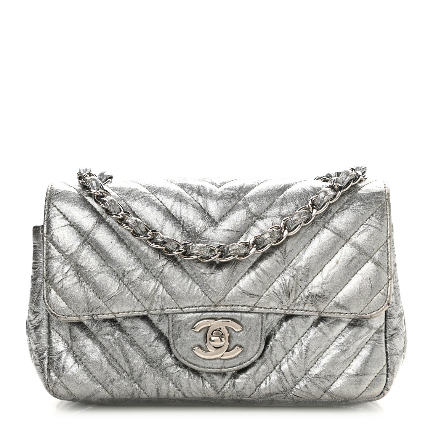 Patent Metallic Crumpled Calfskin Chevron Quilted Mini Rectangular Flap Silver