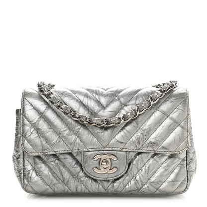 Chanel Patent Metallic Crumpled Calfskin Chevron Quilted Mini Rectangular Flap Silver 1 of 14