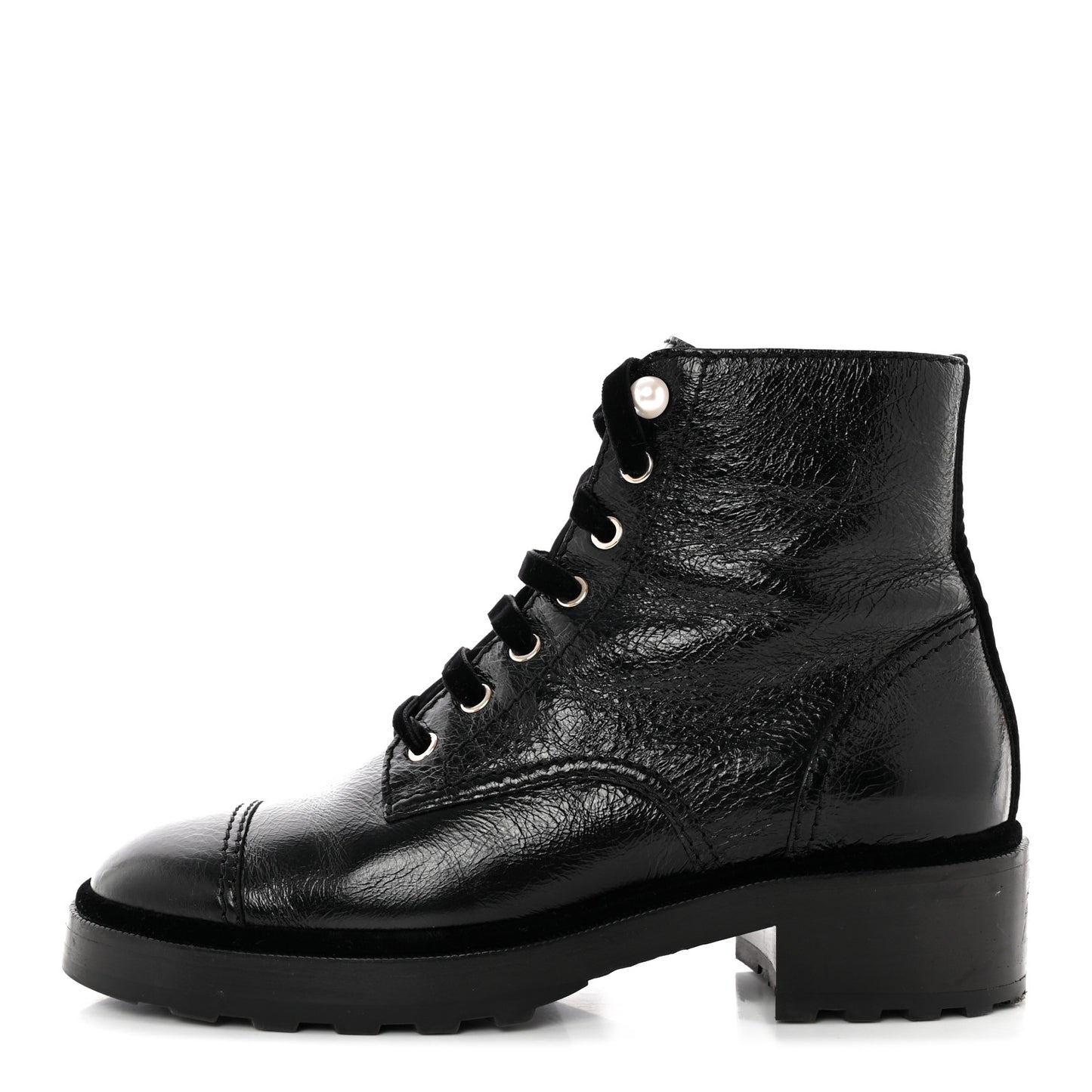 Shiny Calfskin Velvet Pearl Combat Short Boots 40.5 Black