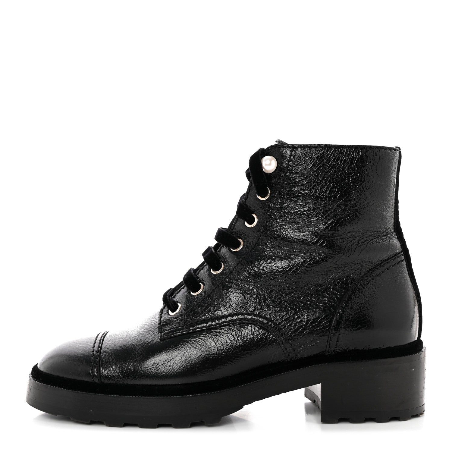 Chanel Shiny Calfskin Velvet Pearl Combat Short Boots 40.5 Black 1 of 17