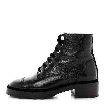 Chanel Shiny Calfskin Velvet Pearl Combat Short Boots 40.5 Black 1 of 17