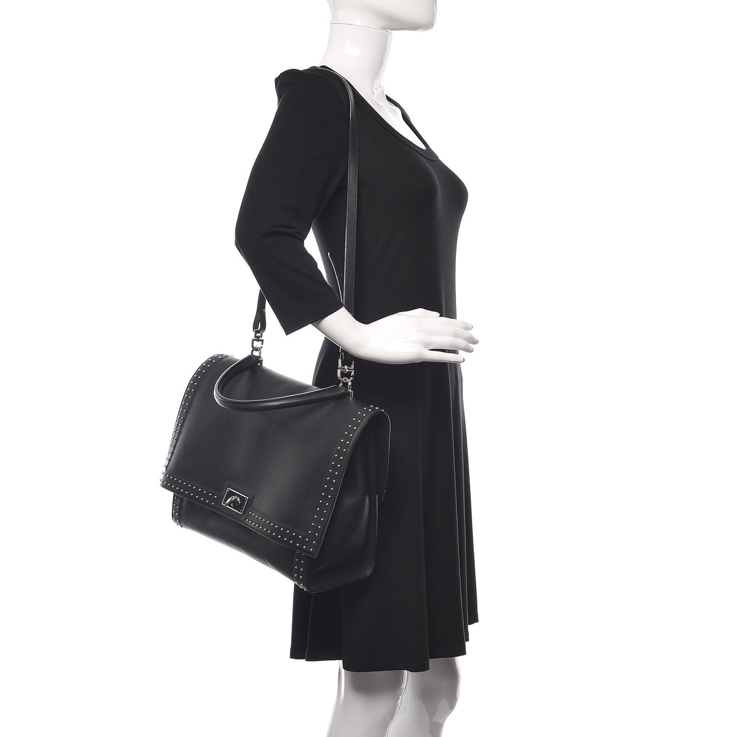 Grained Calfskin Studded Medium Shark Lock Satchel Black