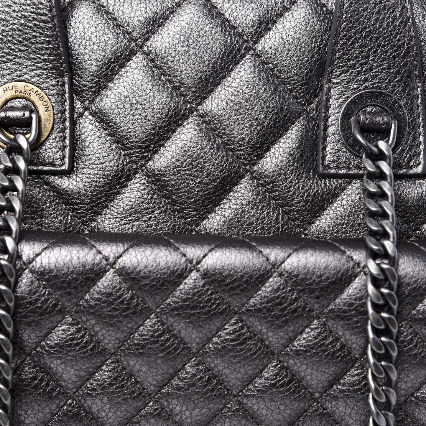 Metallic Grained Calfskin Quilted Large Casual Pocket Tote Silver