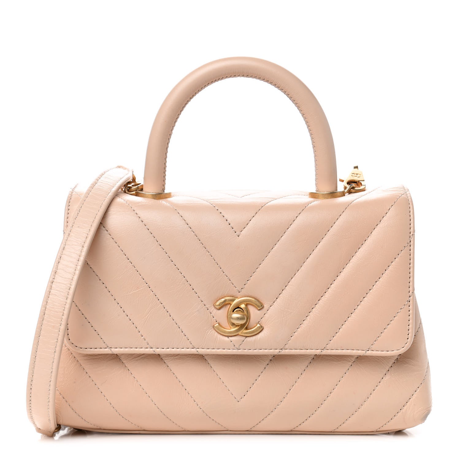 Chanel Calfskin Chevron Quilted Mini Coco Handle Flap Beige 1 of 9