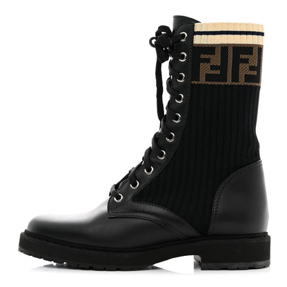 Fendi Calfskin Stretch Fabric Rockoko Biker Boots 37 Tobacco Black Marino 1 of 8