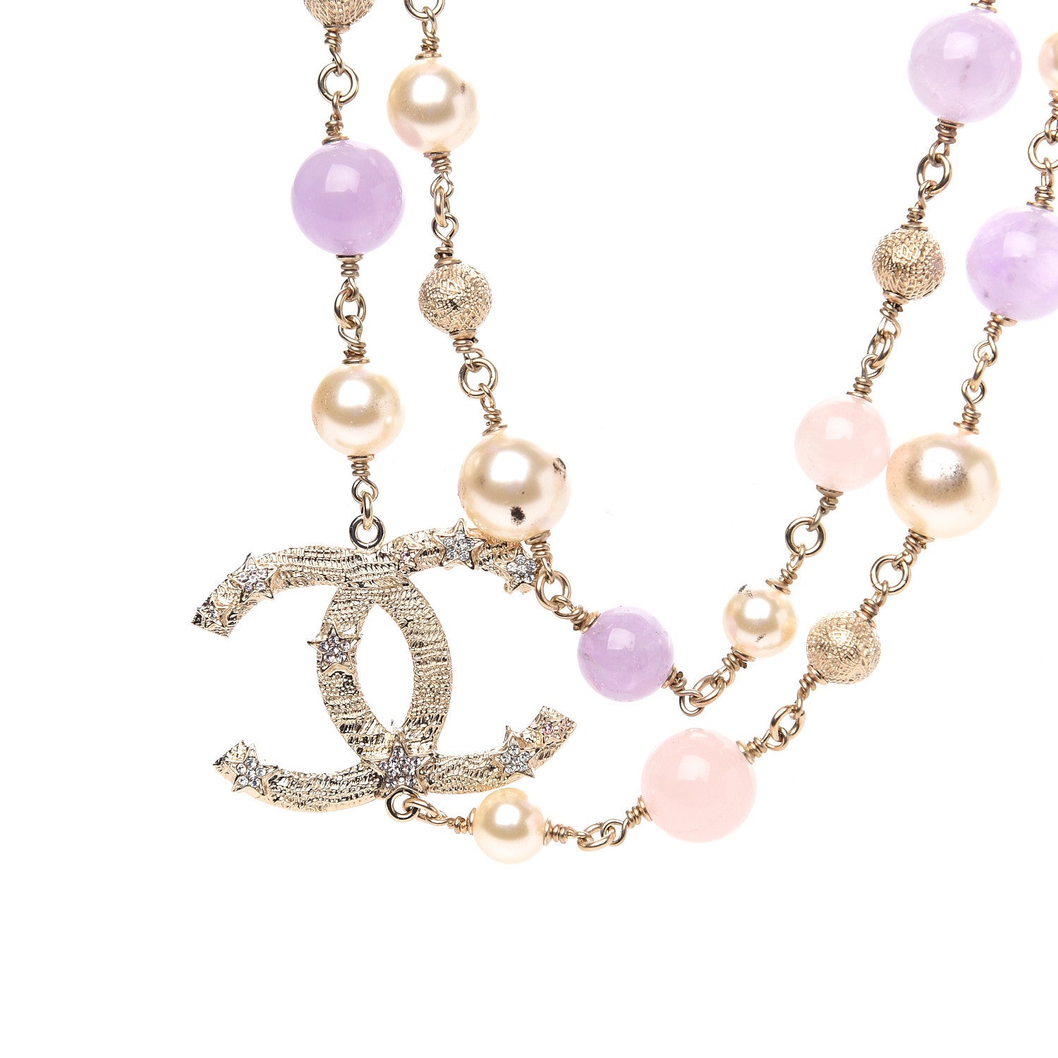 Chanel Crystal Pearl Beaded Star CC Necklace Gold Purple 3 of 5