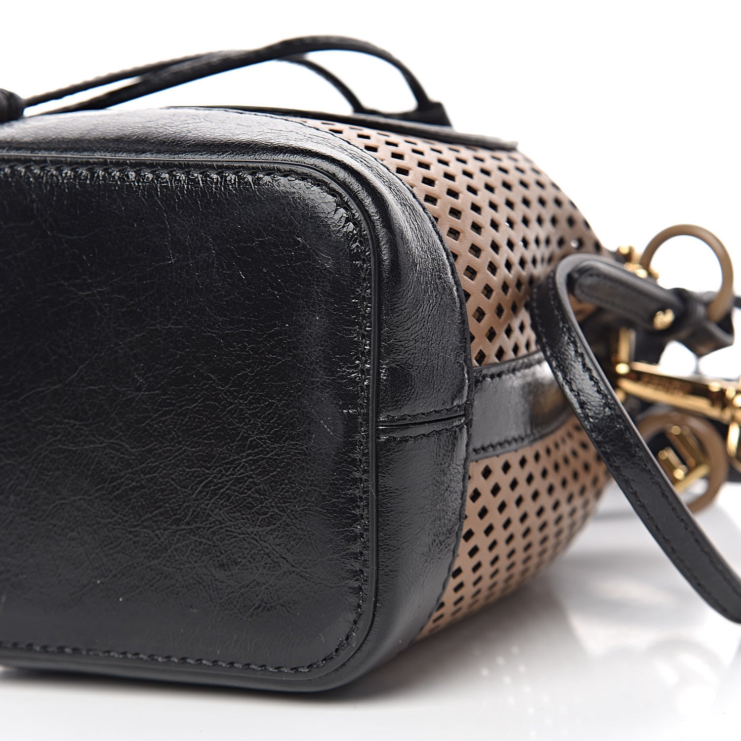 Fendi Vitello Liberty Glossy Lambskin F is Fendi Perforated Mini Mon Tresor Bucket Bag Sand Mimosa Black 9 of 10