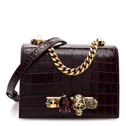 Alexander McQueen Calfskin Crocodile Embossed Jeweled Shoulder Bag Burgundy 1 of 9