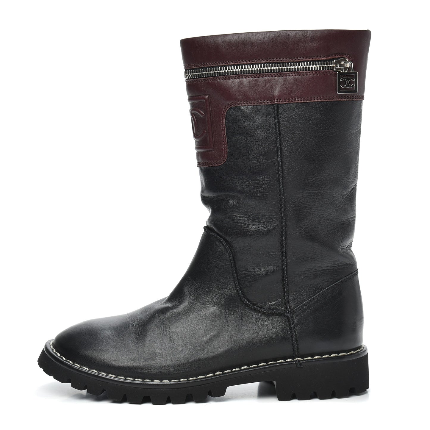 Calfskin Motorcycle Zipper Boots 37.5 Black Burgundy
