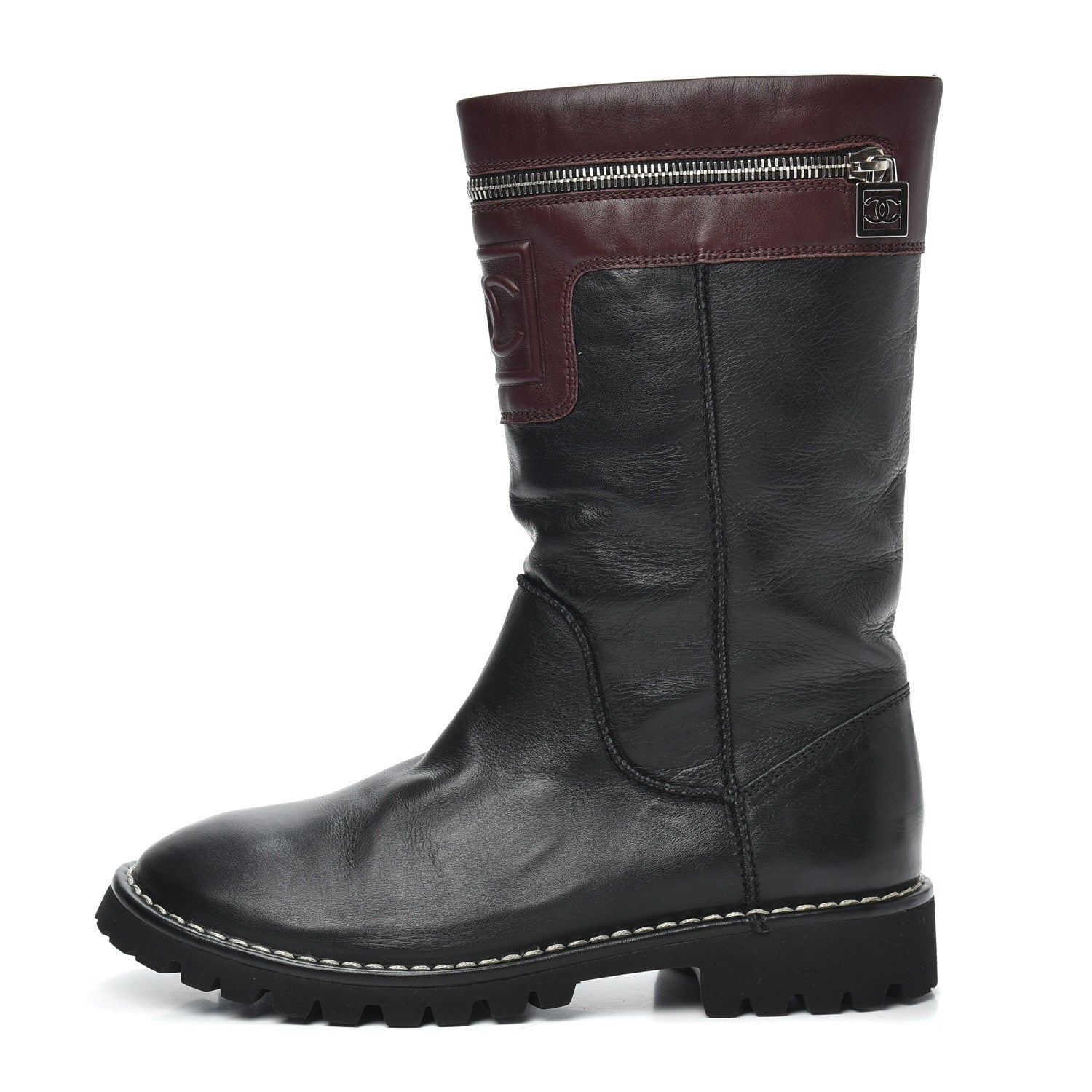 Chanel Calfskin Motorcycle Zipper Boots 37.5 Black Burgundy 1 of 6