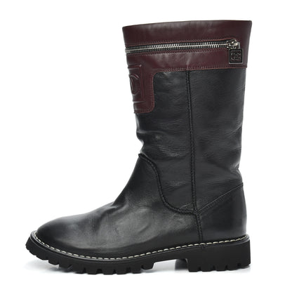 Chanel Calfskin Motorcycle Zipper Boots 37.5 Black Burgundy 1 of 6