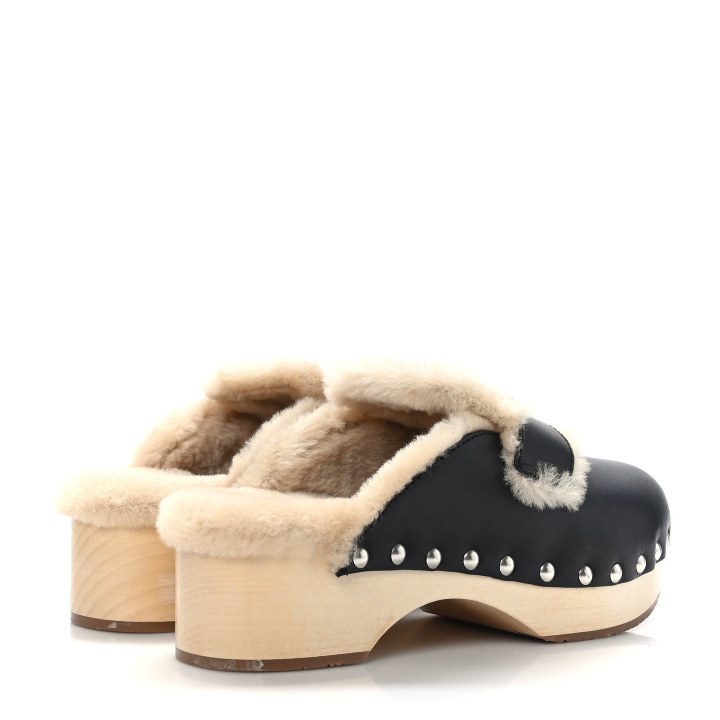 Natural Calfskin Shearling Metal Triangle Logo 45mm Clogs 39 Black Sabbia