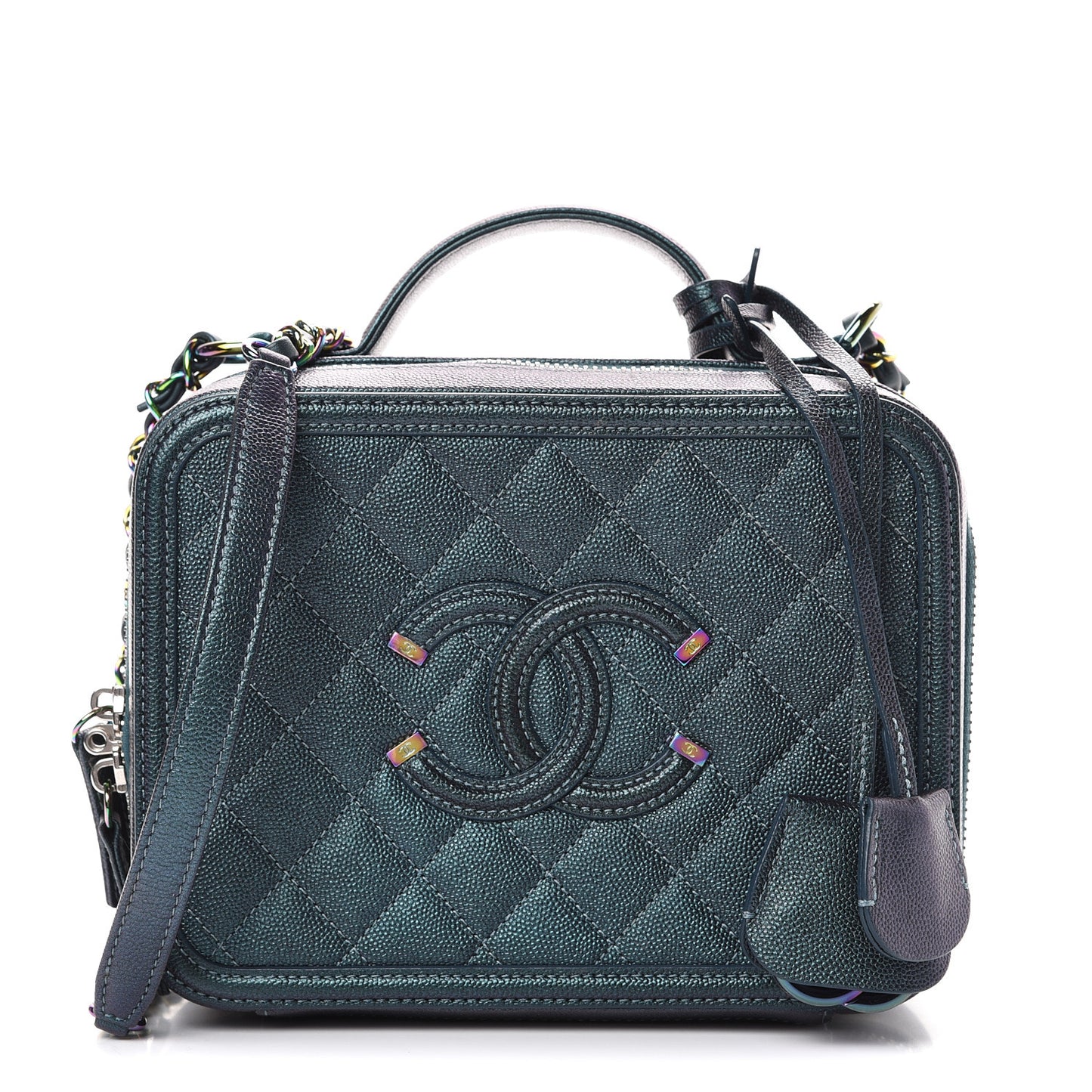 Iridescent Caviar Quilted Medium CC Filigree Vanity Case Dark Turquoise