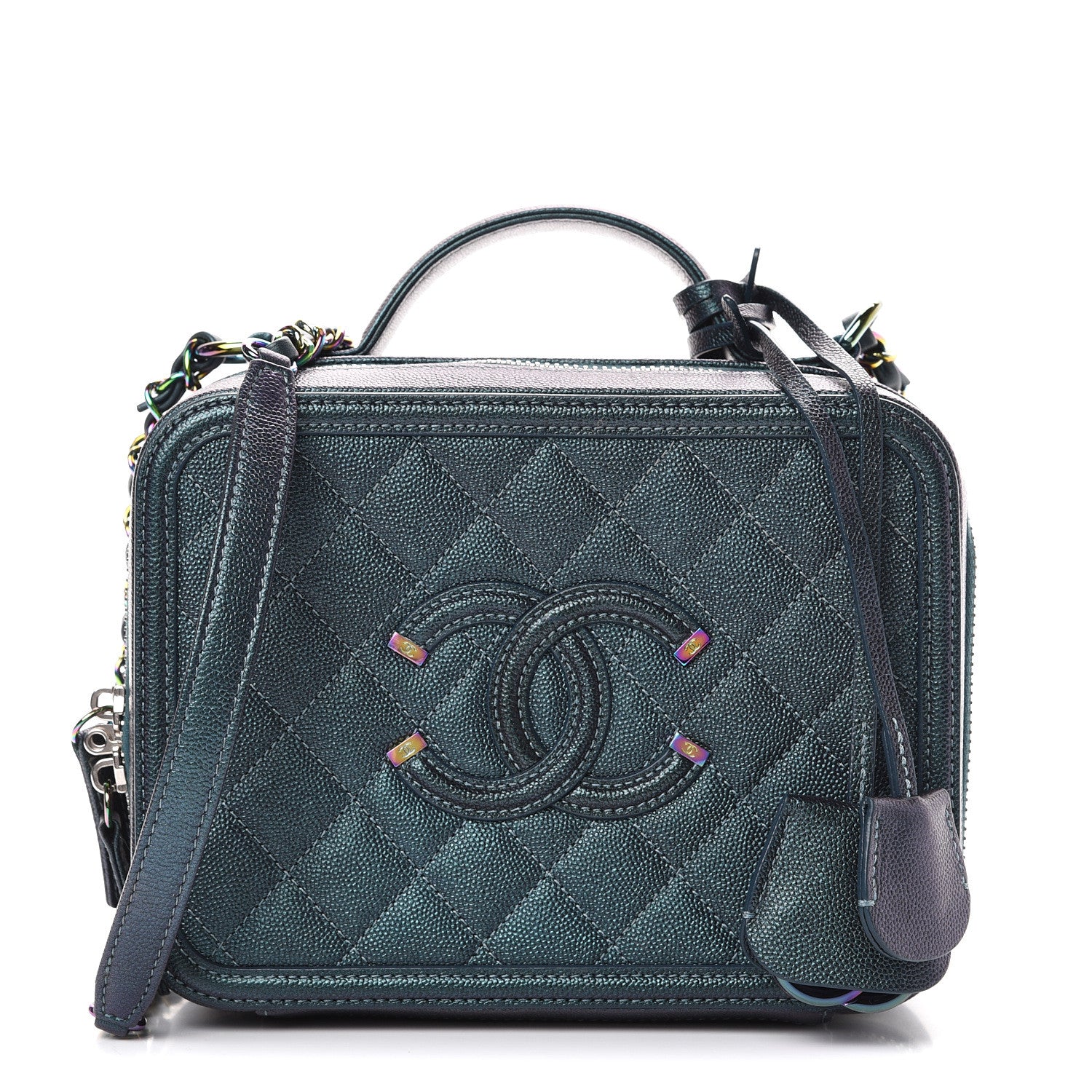 Chanel Iridescent Caviar Quilted Medium CC Filigree Vanity Case Dark Turquoise 1 of 10
