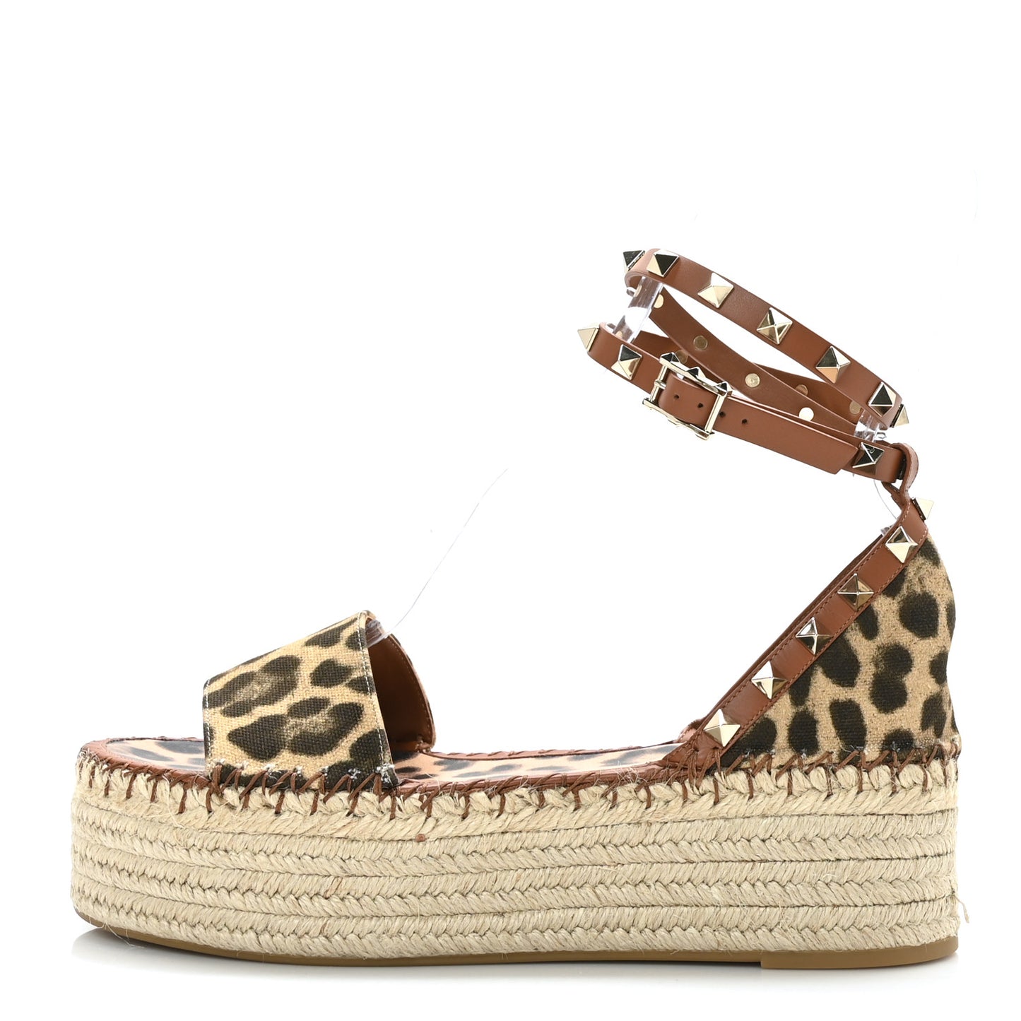 Canvas Leopard Print Rockstud Ankle Wrap Espadrille Flatform Sandals 39 Brown
