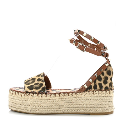 Valentino Garavani Canvas Leopard Print Rockstud Ankle Wrap Espadrille Flatform Sandals 39 Brown 1 of 8