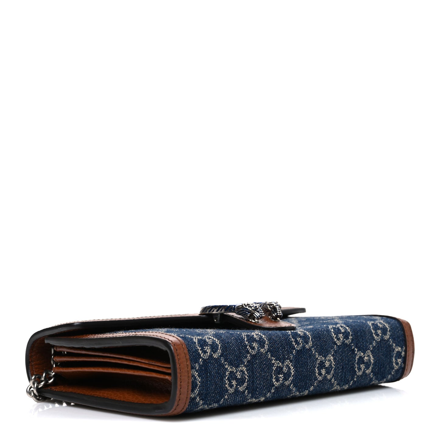 New Denim GG Monogram Dollar Calfskin Enamel Mini Dionysus Chain Wallet Blue Tea Cuir Epilog Electric Blue