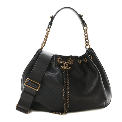 Chanel Calfskin Stitched Small Paris Rome Drawstring CC Bag Black 1 of 10