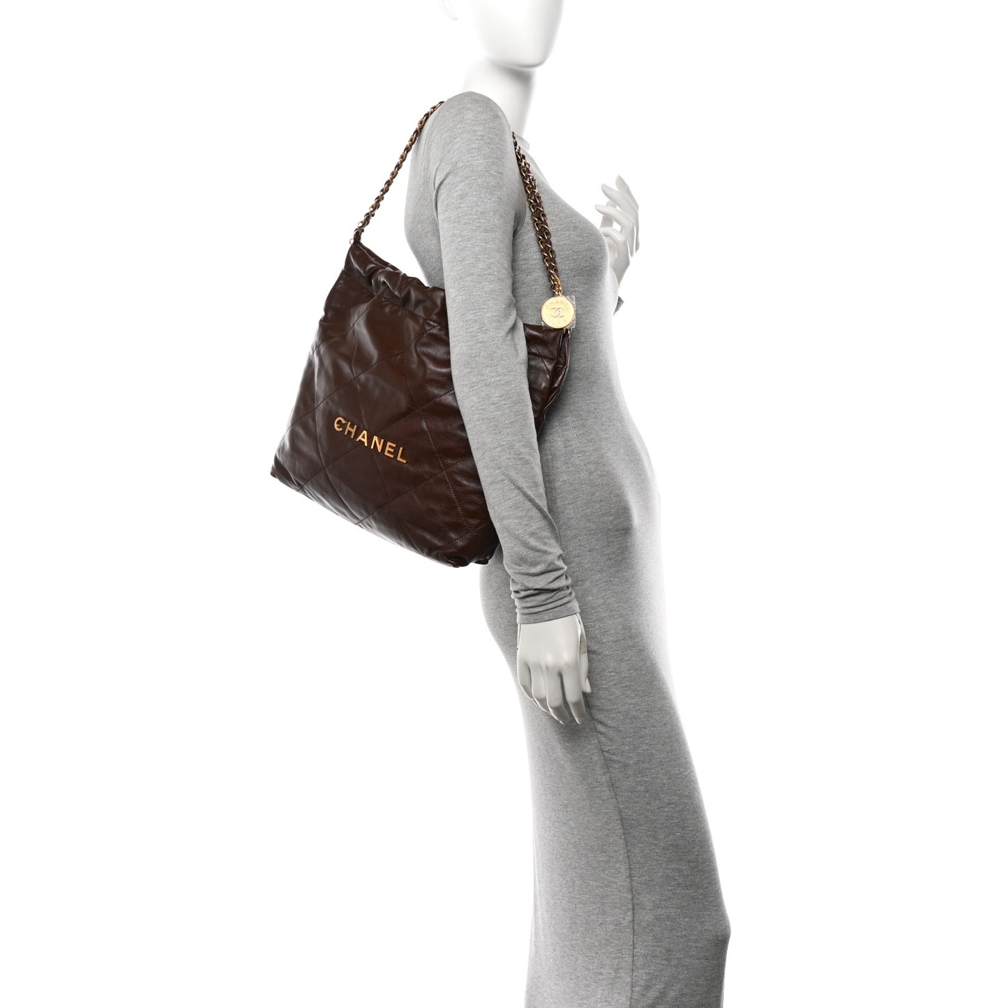 Shiny Calfskin Quilted Small Chanel 22 Dark Brown