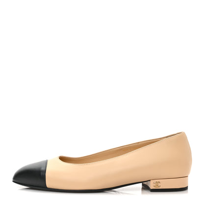 Chanel Lambskin Cap Toe CC Uniform Ballerina Flats 39 Beige Black 1 of 9