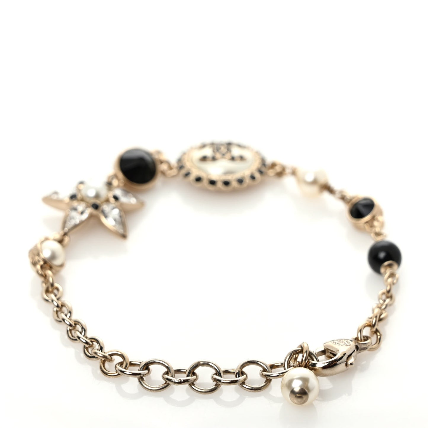 Pearl Crystal CC Charm Bracelet Black Gold
