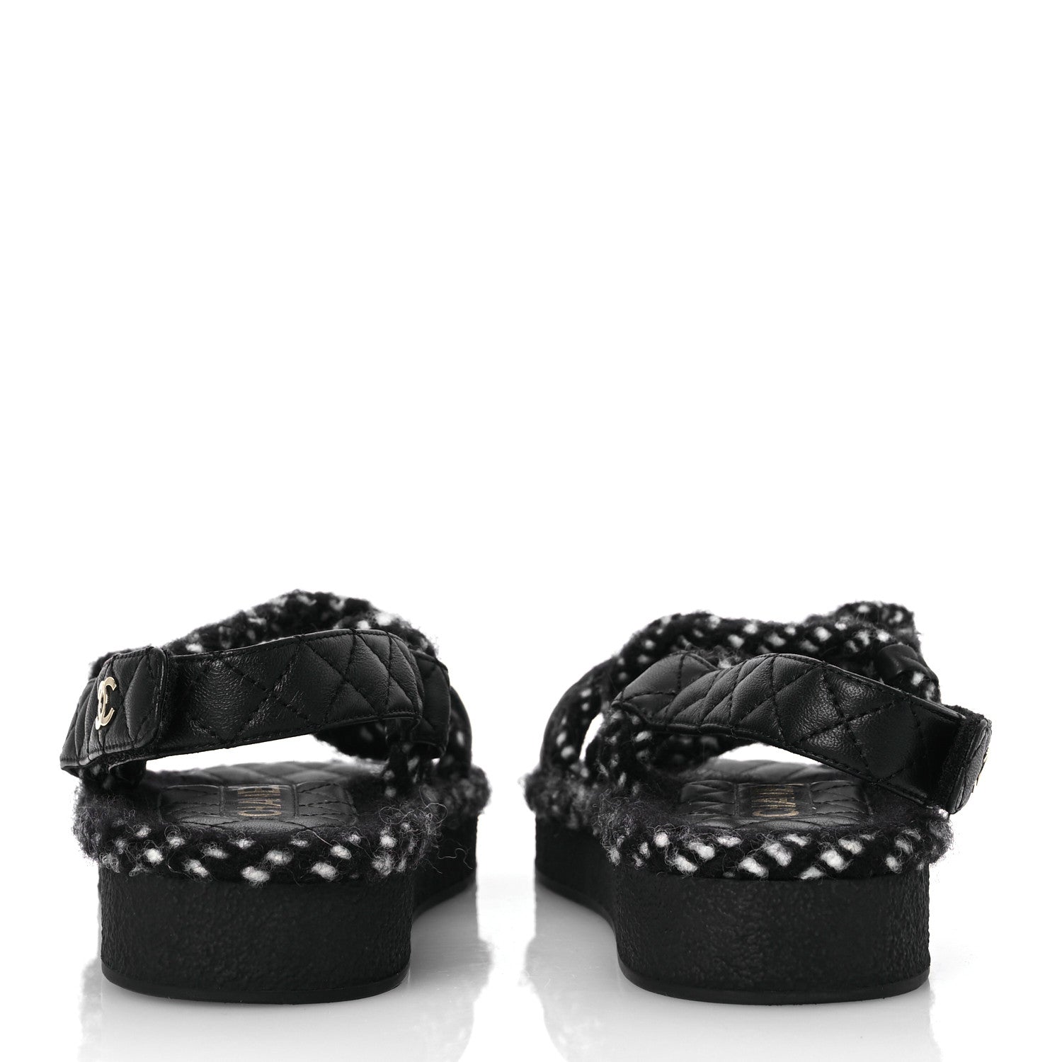 Chanel Cord Lambskin Quilted Logo Sandals 37 Black White 6 of 14