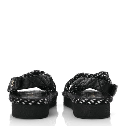 Chanel Cord Lambskin Quilted Logo Sandals 37 Black White 6 of 14