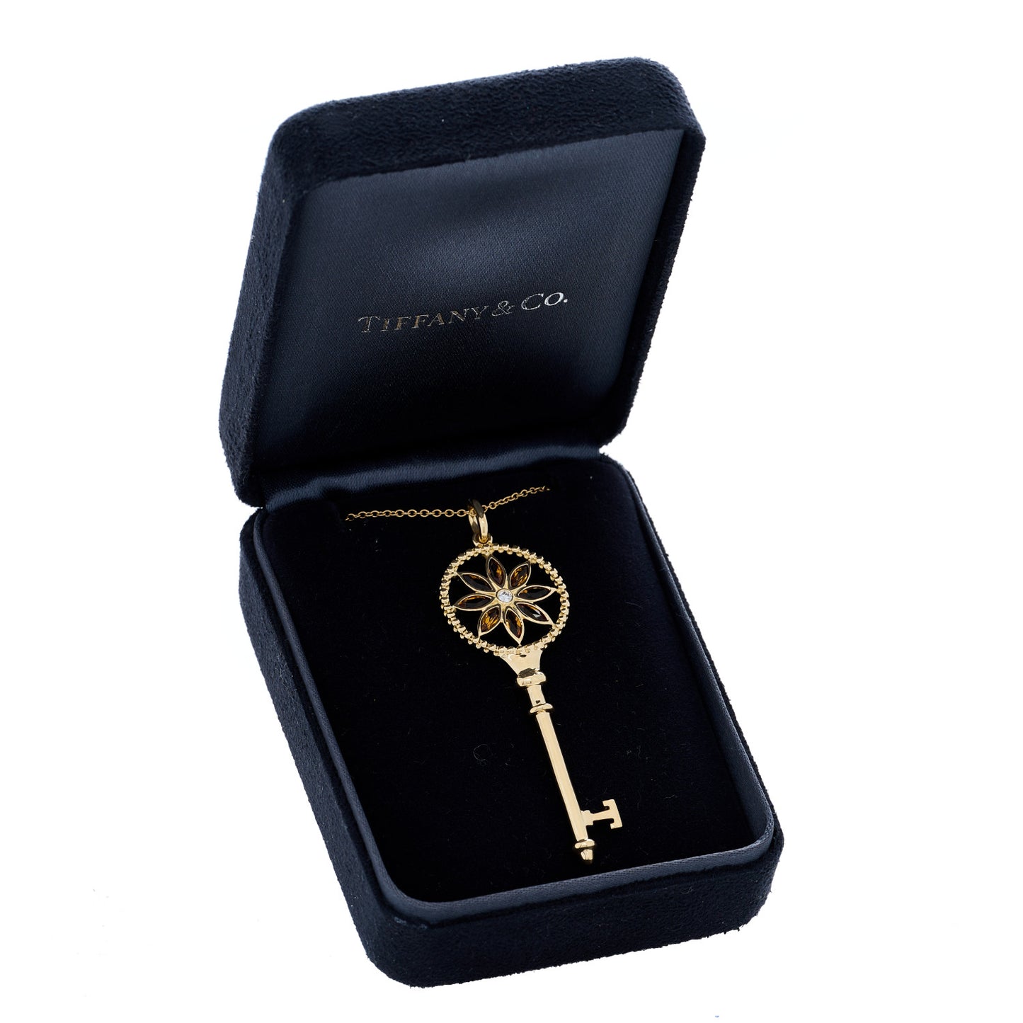 18K Yellow Gold Diamond Citrine Daisy Key Pendant Necklace