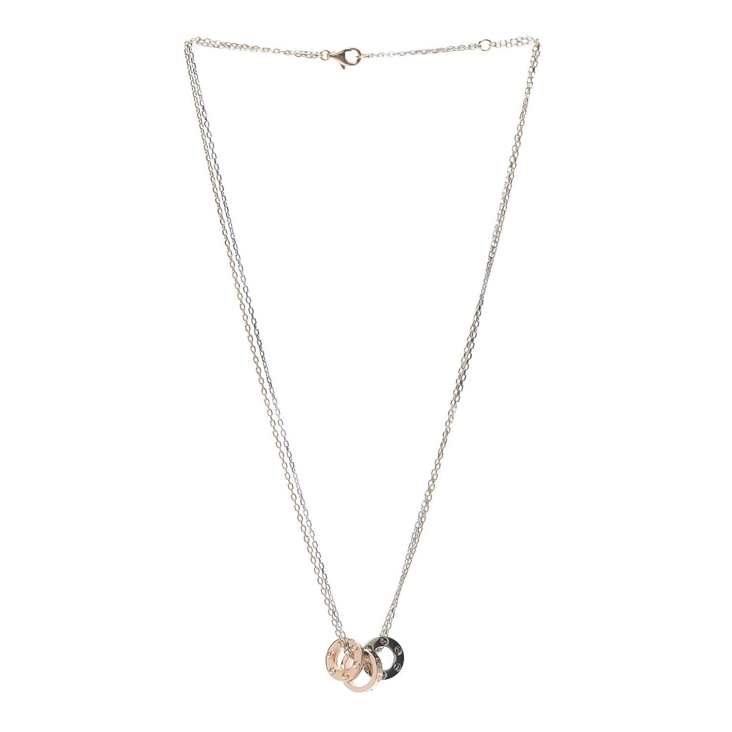 18K White Pink Gold Diamond Three Ring LOVE Pendant Necklace
