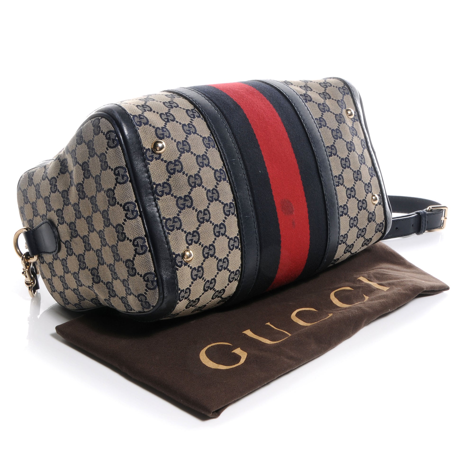 Gucci Monogram Selleria Calfskin Vintage Web Medium Boston Beige Blue 4 of 8
