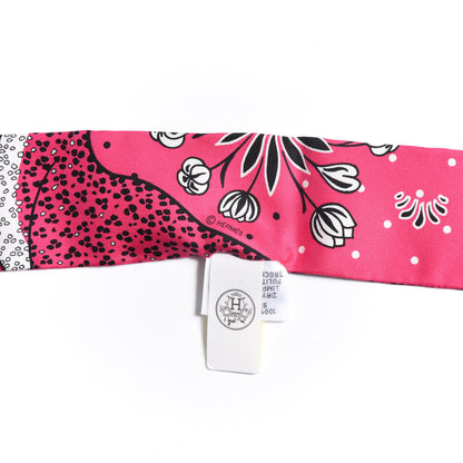 Hermes Silk Les Leopards Twilly Rose Vif Black White 3 of 4
