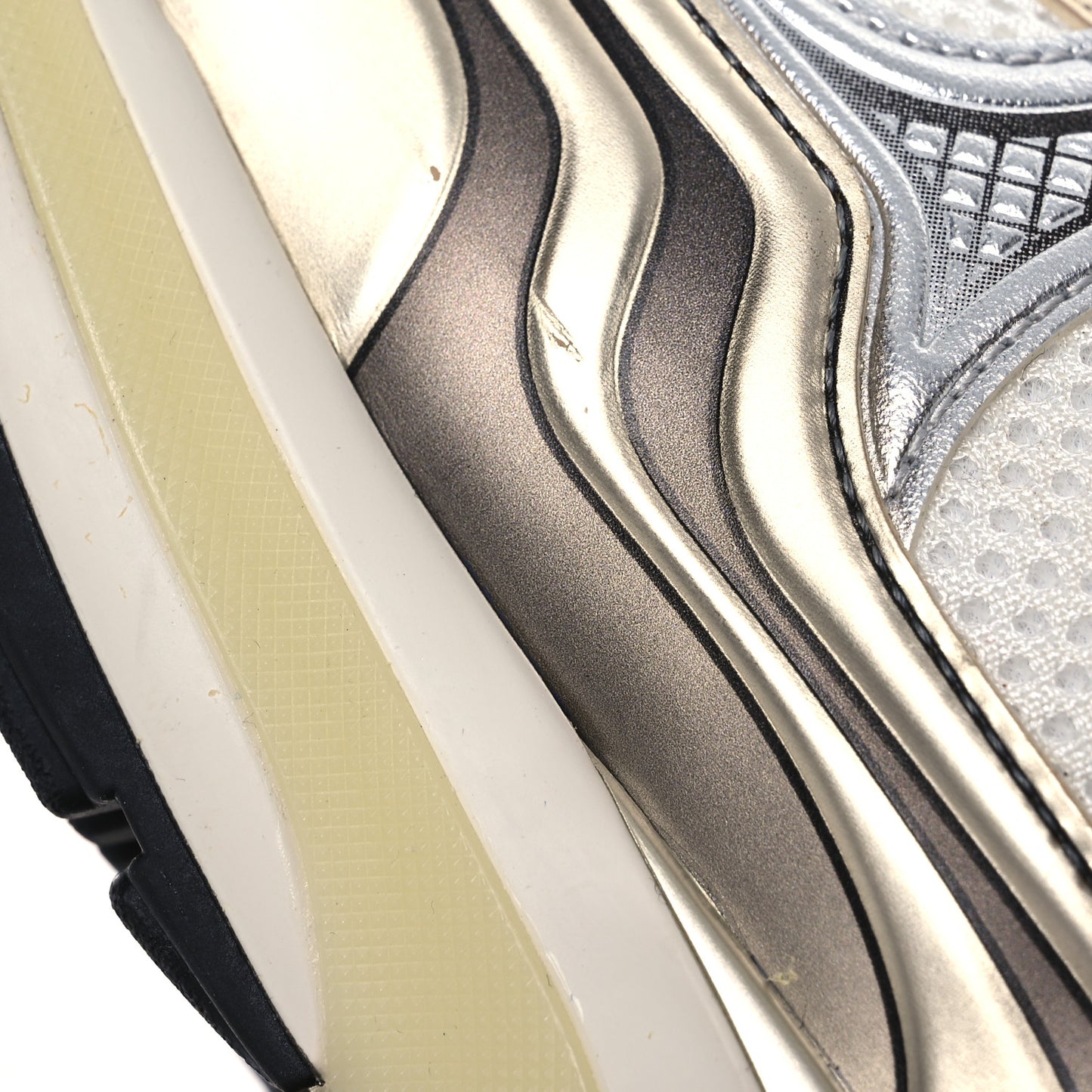 Fabric Laminated Calfskin Stretch CC Womens Sneakers 37.5 White Gold Silver