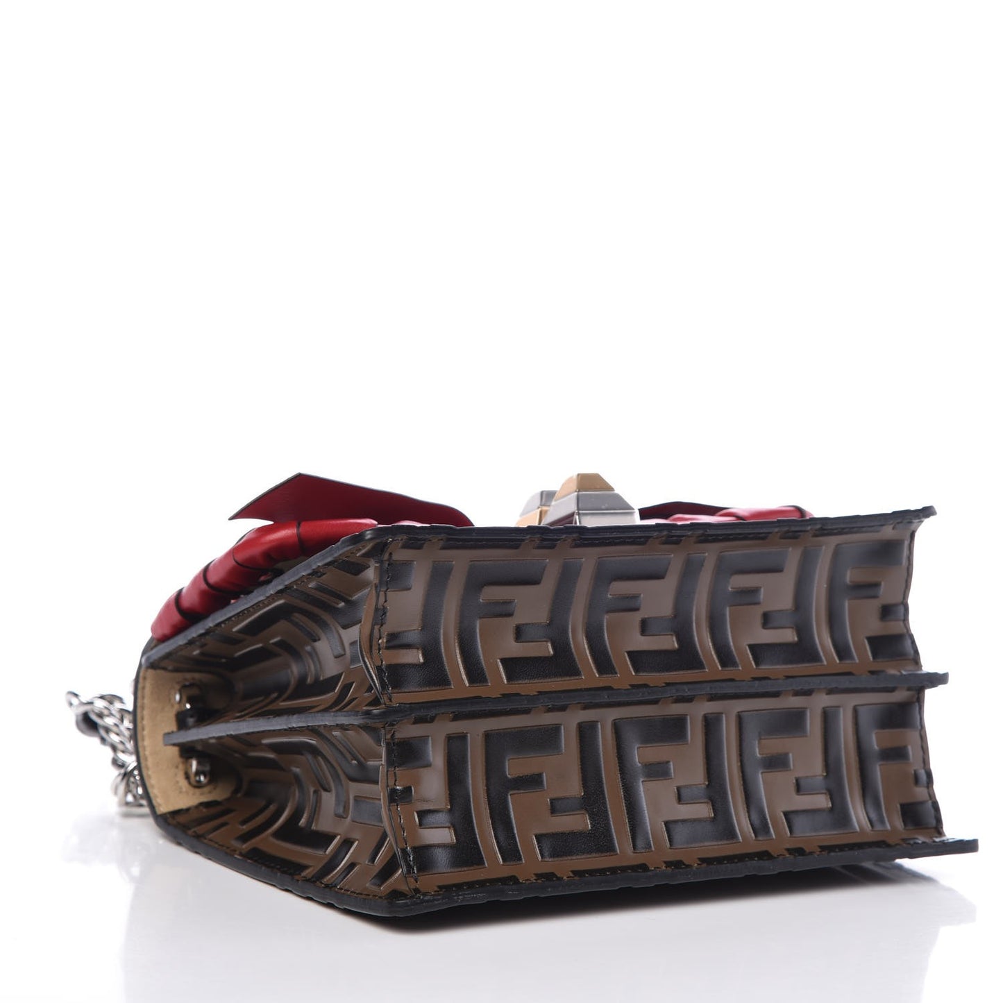Vitello Shiny Nappa Bi-Color FF 1974 Lace Up Bow Embossed Small Kan I Shoulder Bag Maya Black Fragola