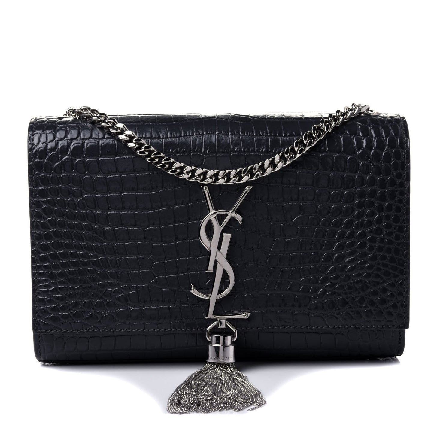 Calfskin Crocodile Embossed Small Classic Monogram Kate Tassel Satchel Smog
