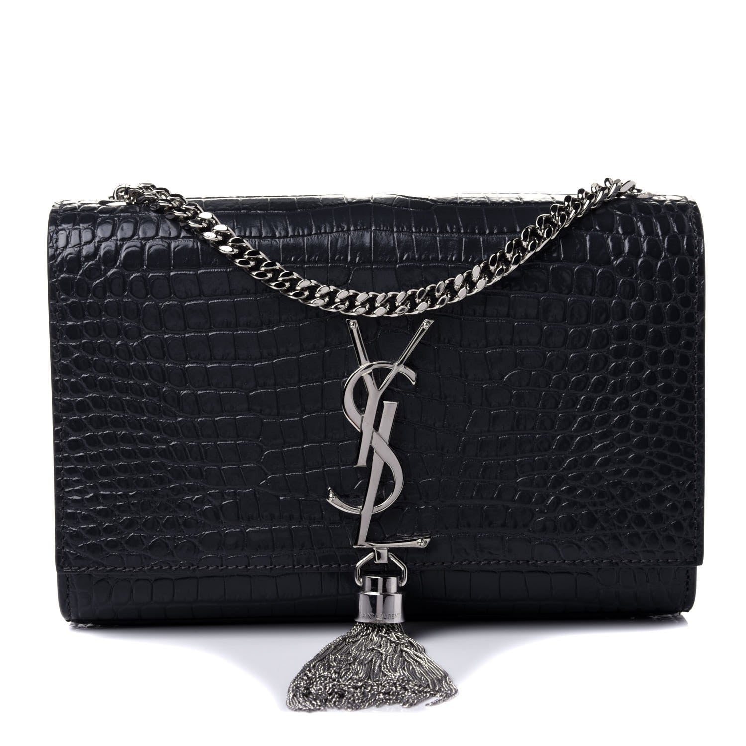 Saint Laurent Calfskin Crocodile Embossed Small Classic Monogram Kate Tassel Satchel Smog 1 of 4
