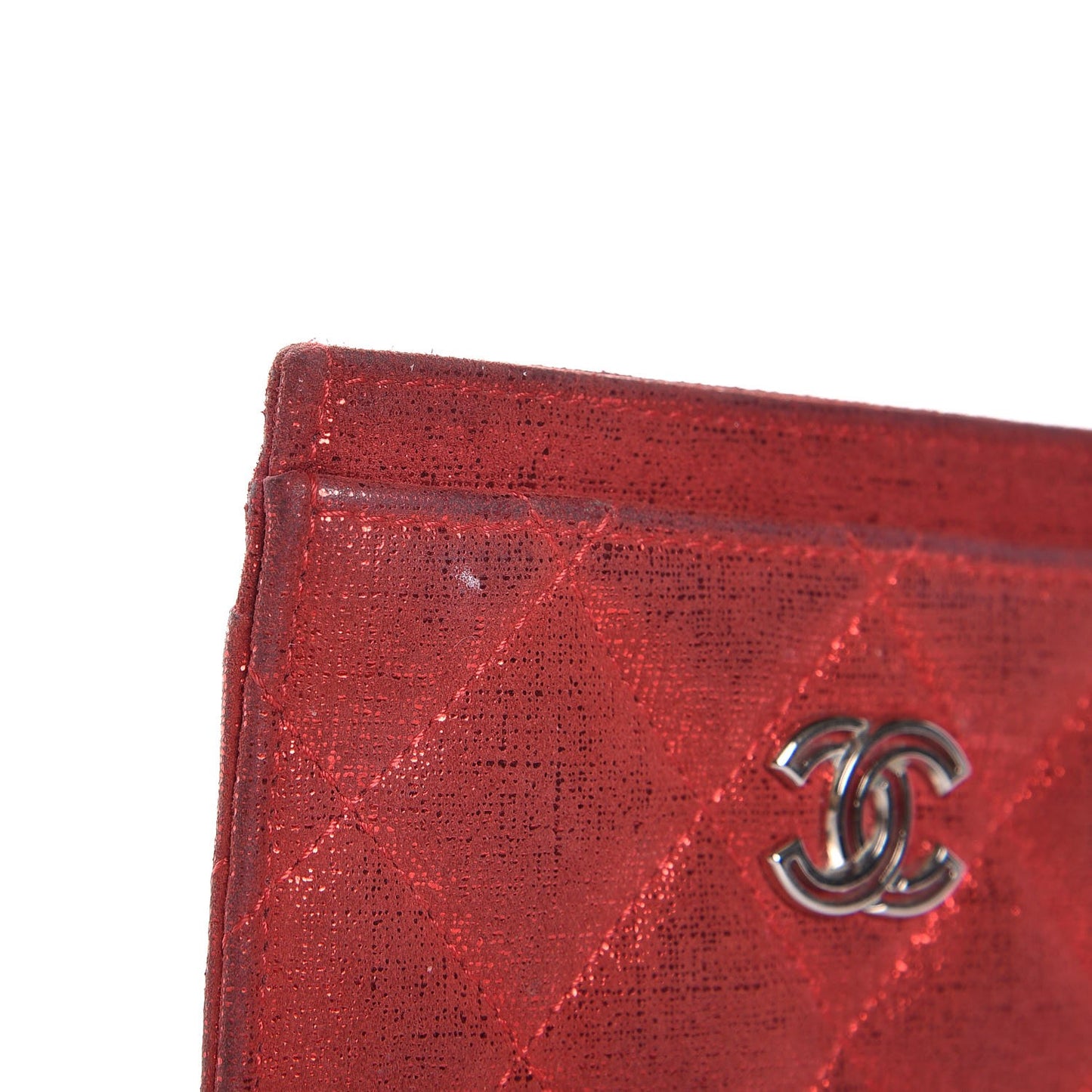 Iridescent Calfskin Quilted Card Holder Red